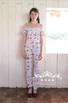 Thai American vintage pasture plaid pattern sling high waist short sleeve jumpsuit trousers