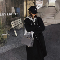 Xiaonian custom fake two pieces of color matching stitching hooded shoulder cotton coat medium and long Korean casual black coat