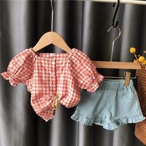 Girl Suit Summer 2022 New Korean Version Children Summer Clothing Foreign Air Baby Mesh Red Short Sleeve Jeans Two Sets