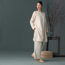 (Xiao Xiao) Auspicious Feather 100% Cotton Chinese Button Loose Home Dress Chinese Zen Tea Outfit