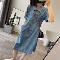 Summer French retro waist and thin lapel denim skirt womens loose mid-length straight short-sleeved shirt dress