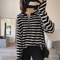Lazy half-open zipper fine wool striped long-sleeved sweater womens autumn Korean version loose casual t-shirt bottoming shirt
