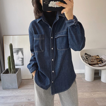 Autumn and winter new bright line dark blue denim shirt womens plus velvet layered retro loose shirt casual top