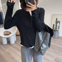 Autumn new fake two pieces of giant thin and big elastic pullover knitted sweater womens Tencel wool round neck stitching contrast color top