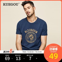Kuegou mens short-sleeved T-shirt mens summer crew neck trend character printing half-sleeve T-shirt pure cotton clothes 3348