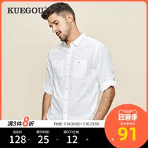 Kuegou mens three-point sleeve shirt mens spring new fashion casual plaid shirt trend mens 8815
