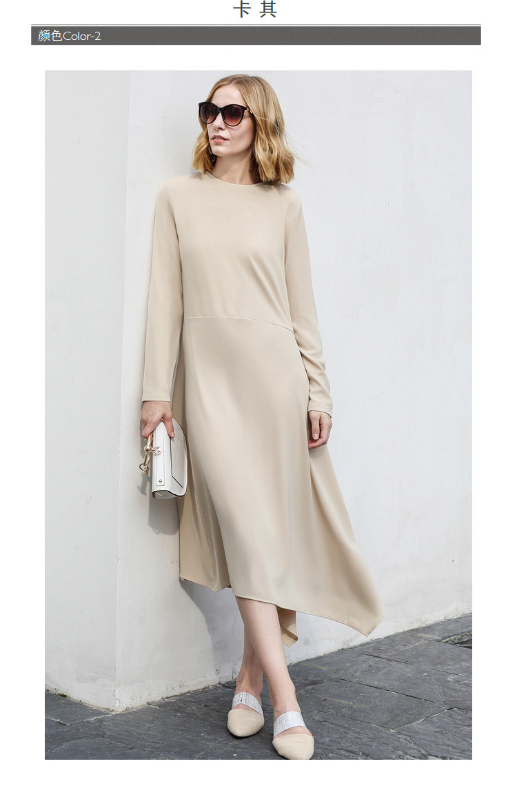 amii极简chic不规则中长连衣裙女2019春新气质长袖雪纺纯色裙子