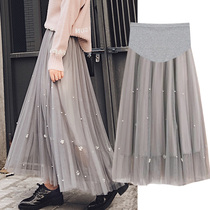 Gestational Woman Dress 2022 Springtime Ultra-Fire Mesh Yarn Tobelly Half Body Dress Mid-Length Plexu Skirt Spring Autumn Fairy Nail Pearl Long Dress
