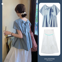 Gestational Maternity Summer Salt Can Sweet Fried Street Ocean butterfly knot shirt Tobelly half body dress Chauma Two suits