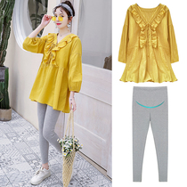 New pregnant women autumn 2021 hot mother foreign style suit fashion doll shirt top belly pants autumn two-piece set tide