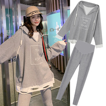 Pregnant women 2021 foreign style suit fake two-piece sweater autumn top belly leggings hot mom two-piece set of autumn tide