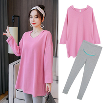 Pregnant women autumn suit 2021 new age-reducing knitwear V-neck top belly leggings two-piece tide