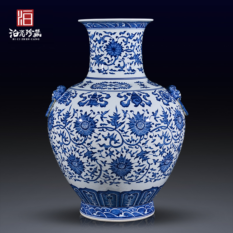 Jingdezhen ceramics antique blue - and - white bound branch lotus lion shell of large vases, Chinese style household decorations furnishing articles