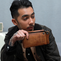 Handmade retro cowhide long wallet Japanese and Korean card bag Mens long large-capacity zipper mobile phone bag mens handbag