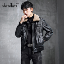 Mens leather clothing new slim leather jacket mens head layer cowhide short wool lapel tooling youth flying suit