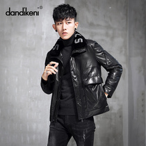  Mens leather slim-fit handsome leather jacket sheepskin short lapel youth leather down jacket jacket winter