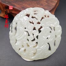 Hetian Jade Green and white jade Hollow jade Hehe Erxian Lotus leaf jade pendant Jade stone Jade antique collection Jade pendant