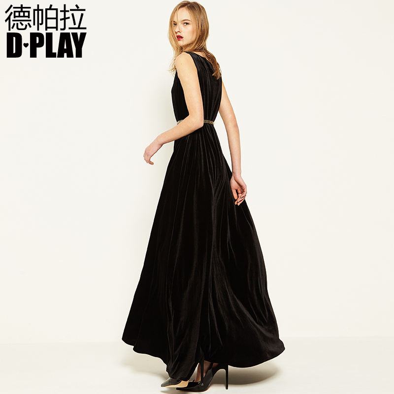 D－PLAY2017年早春新品黑色丝绒连衣裙长款礼服裙优雅A字裙礼服裙产品展示图2
