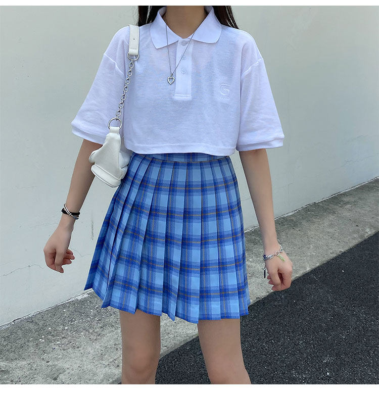 实拍夏新款蓝色jk制服百褶裙学生格裙 短款露脐polo短袖上衣