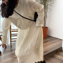 yesroom Spring New Korean Retro Crewneck Solid Color Ruffle Skinny Long Sleeve Medium Long Bating Dress