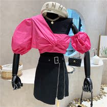 French retro bubble short-sleeved off-the-shoulder design shirt net red ins summer fashion women summer 2021 new short