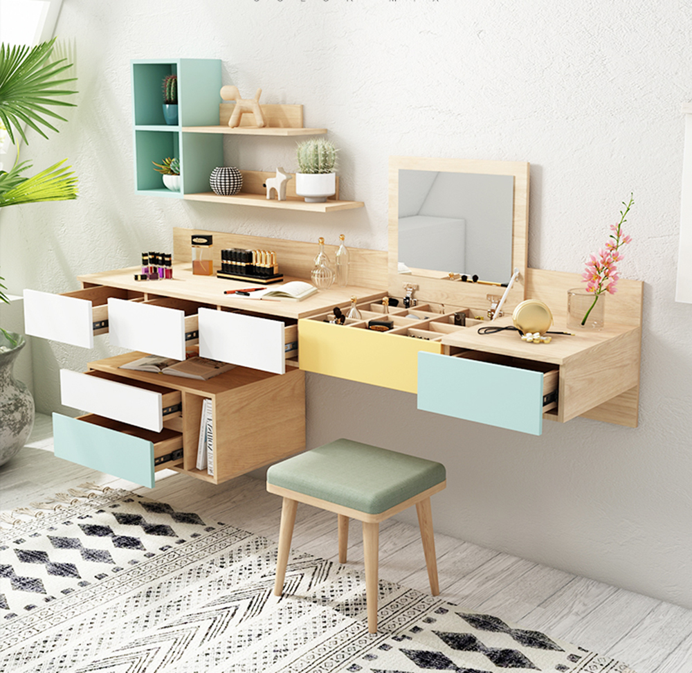 节约不少空间,是小户型的福音,梳妆镜的开合设计,妆台可变书桌,一个顶