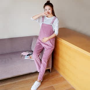 孕妇背带裤春秋季灯芯绒韩国百搭托腹裤孕妇装连体裤条绒孕妇裤子