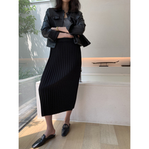 MRS Studios Monitors Black Elastic Waist Slim Pencil Skirt Mid-length hip Pleated skirt