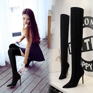 125-2 the European and American fashion wind shining sequins/sexy nightclub show thin pointed over-the-knee high-heeled