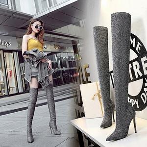 125-2 the European and American fashion wind high with fine with pointed sequins shine nightclub sexy show thin knee-hig