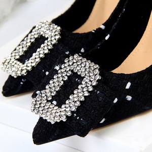 The 278-10 han edition of wool cloth light mouth pointed high-heeled metal diamond buckle sweet bowknot single shoe heel