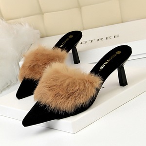 7108-1 han edition fashion plush slippers with fine with high heels pointed baotou drag color matching rabbit hair half