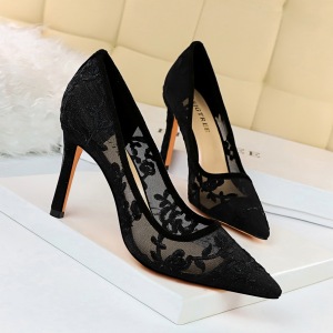 1689-1 the European and American wind fashion party marriage shoes high heel shoes with shallow pointed mouth mesh flowe