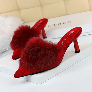 7108-1 han edition fashion plush slippers with fine with high heels pointed baotou drag color matching rabbit hair half 