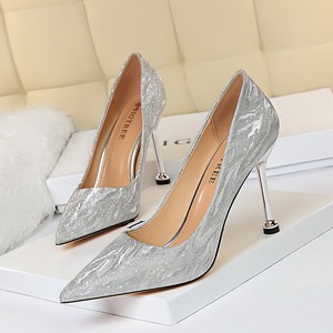 0755-6 European and American wind fashion bridesmaid wedding shoe heels shoes high heel with shallow mouth pointed sequi