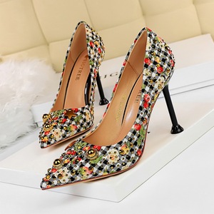 278-15 han edition cloth color matching, plaid high with shallow mouth pointed metal diamond rivets high-heeled shoes wo