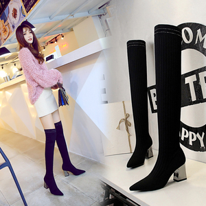 336-18 han edition fashion simple metal with thick with sexy high-heeled tines show thin boots wool knee-high boots