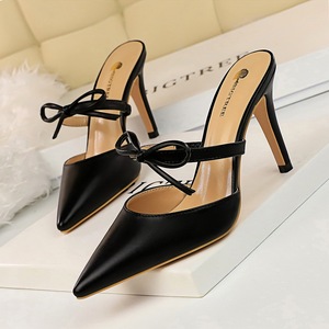 1222-1 high retro baotou drag with shallow mouth pointed hollow out a word with small bowknot daily women slippers