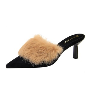 7108-1 han edition fashion plush slippers with fine with high heels pointed baotou drag color matching rabbit hair half