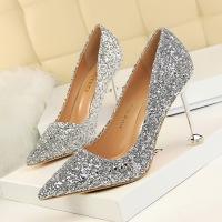 1716-18 European and American wind high-heeled shoes high heel with shallow pointed mouth shining sequins sexy show thin nightclub single shoes