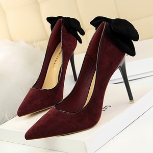 1717-11 han edition delicate high-heeled shoes high heel with shallow mouth sweet pointed suede bow after women’s shoes