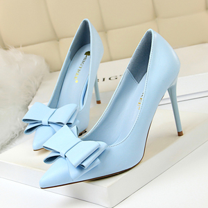 9219-33 han edition high-heeled shoes high heel with thin shallow sweet mouth pointed candy color bowknot is women'