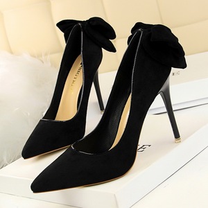 1717-11 han edition delicate high-heeled shoes high heel with shallow mouth sweet pointed suede bow after women’s shoes