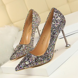 1716-18 European and American wind high-heeled shoes high heel with shallow pointed mouth shining sequins sexy show thin