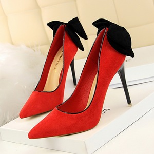 1717-11 han edition delicate high-heeled shoes high heel with shallow mouth sweet pointed suede bow after women’s shoes