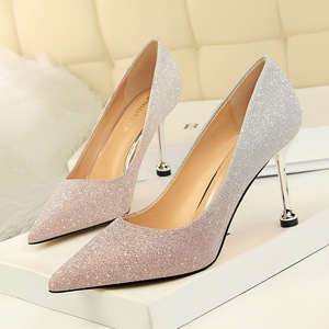 0755-1 han edition style high heel with shallow pointed mouth shining color gradient color matching single shoe heels fo