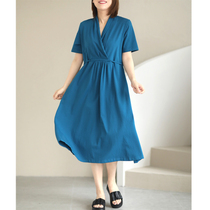 Xiao said elegant temperament design sense inclined flap V collar pure color loose color slim cotton long dress with dress summer