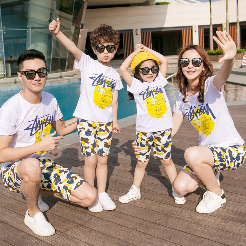 Parent-child summer clothing mother-daughter pure cotton short sleeve T-shirt camouflawless beach pants suit a three-point holiday group suit