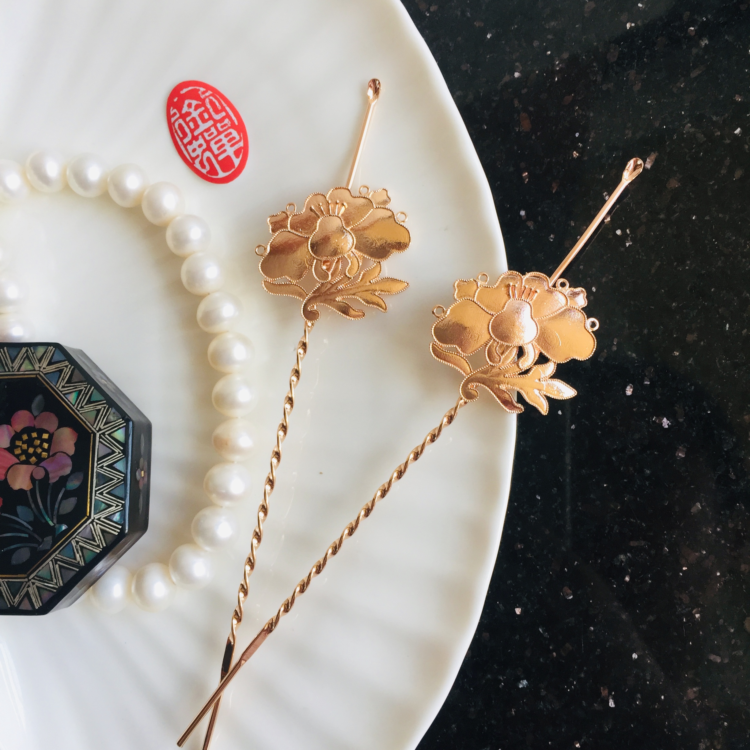 古风饰品花枝饰材合金仿点翠胎底掐丝滴油仿古配件保色头饰对称