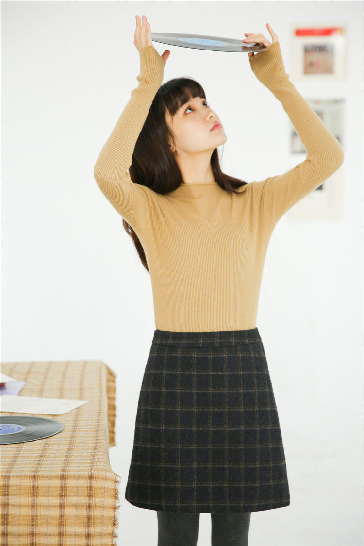 实拍新款 秋冬高腰毛呢格子半身裙女包臀裙短裙